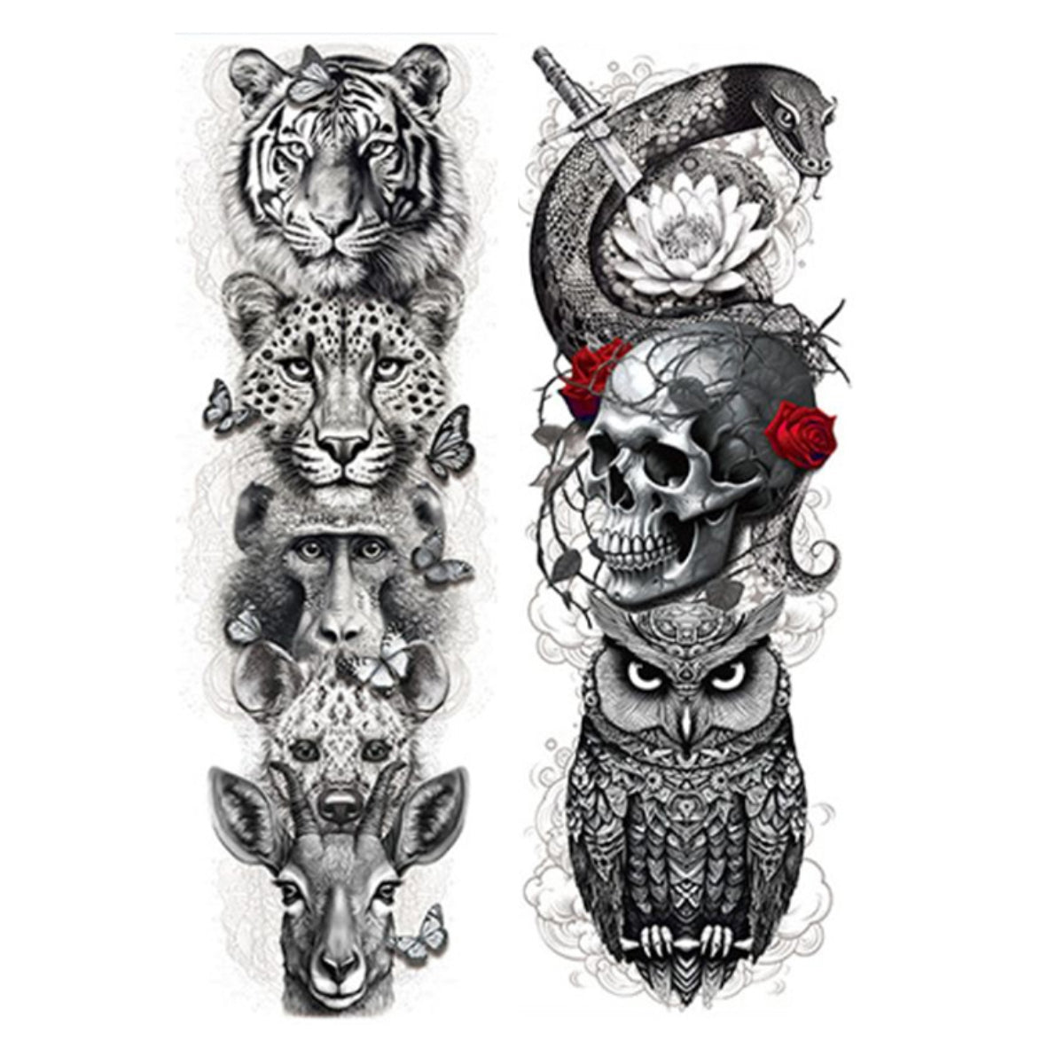 2 Sheets Wolf Tiger Owl Snake Skull Full Arm Sleeves