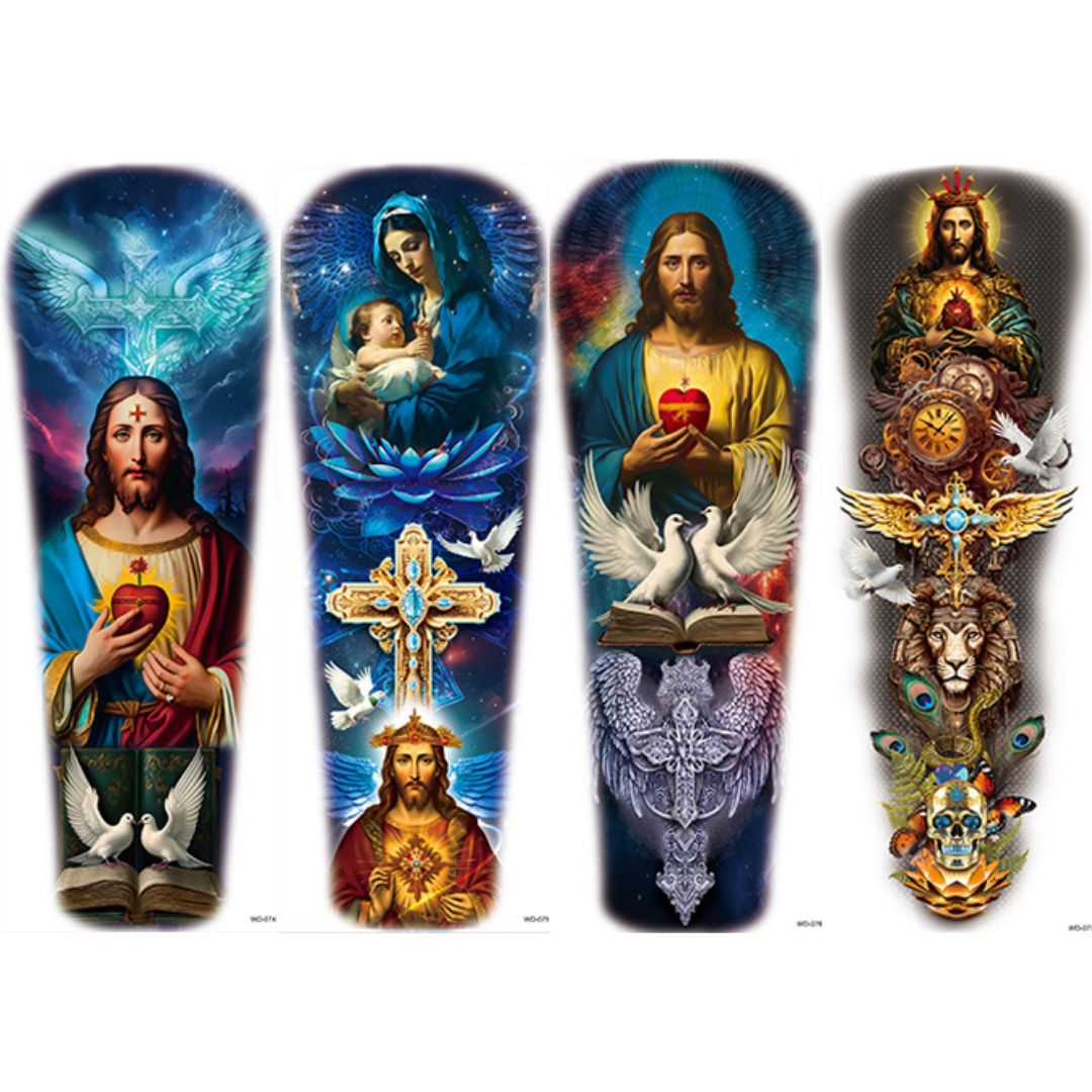 4 Sheets Colorful Crist Jesus Maria Cross Full Arm Sleeves