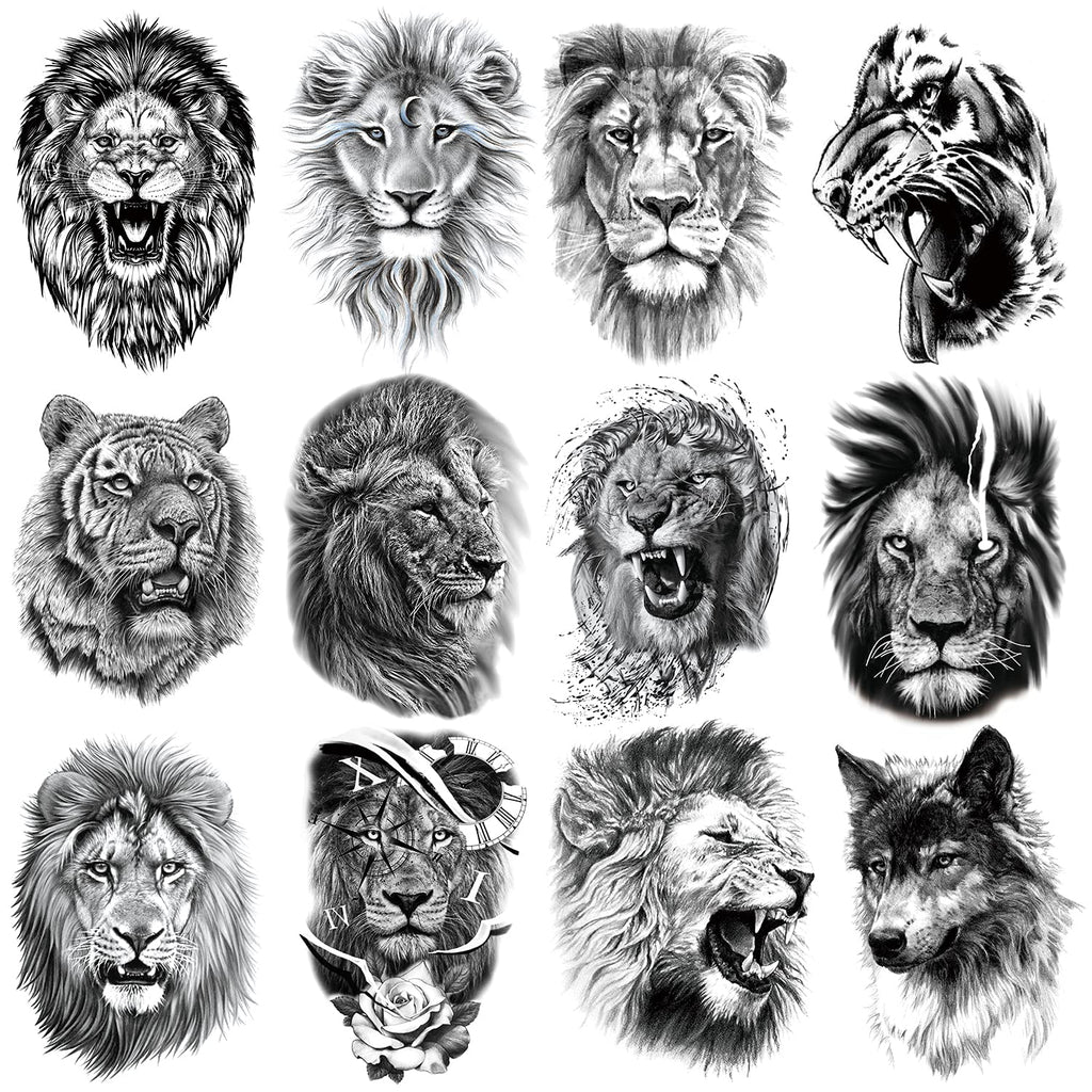 12 Sheets Black Fierce Tiger Lion Wolf Temporary Tattoos