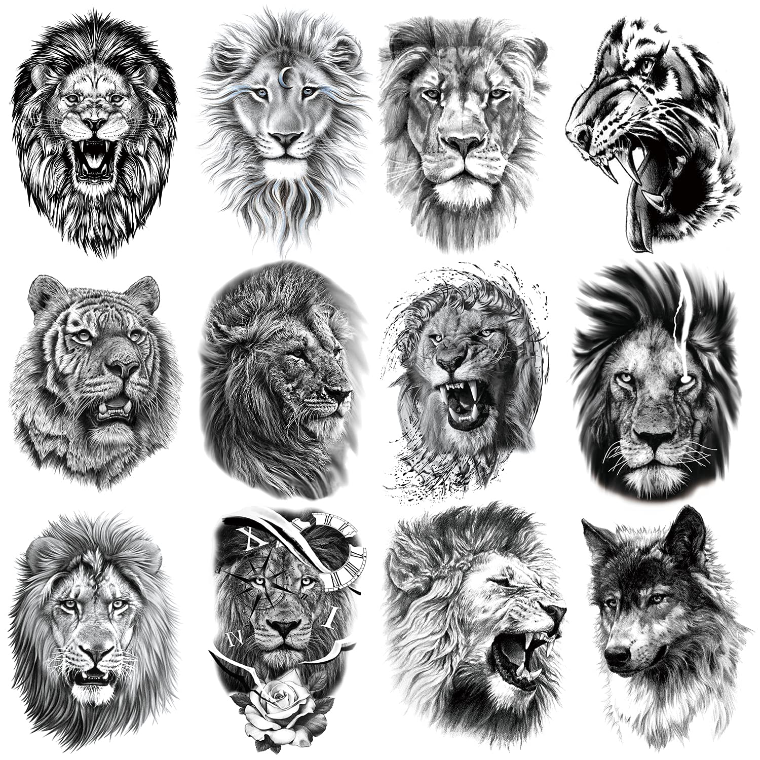 12 Sheets Black Fierce Tiger Lion Wolf Temporary Tattoos