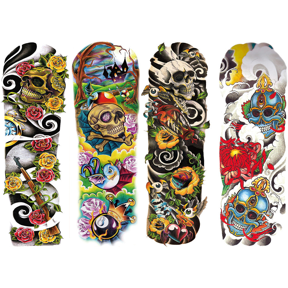 4 Sheets Skull Rose Flower Gun Full Arm Sleeves