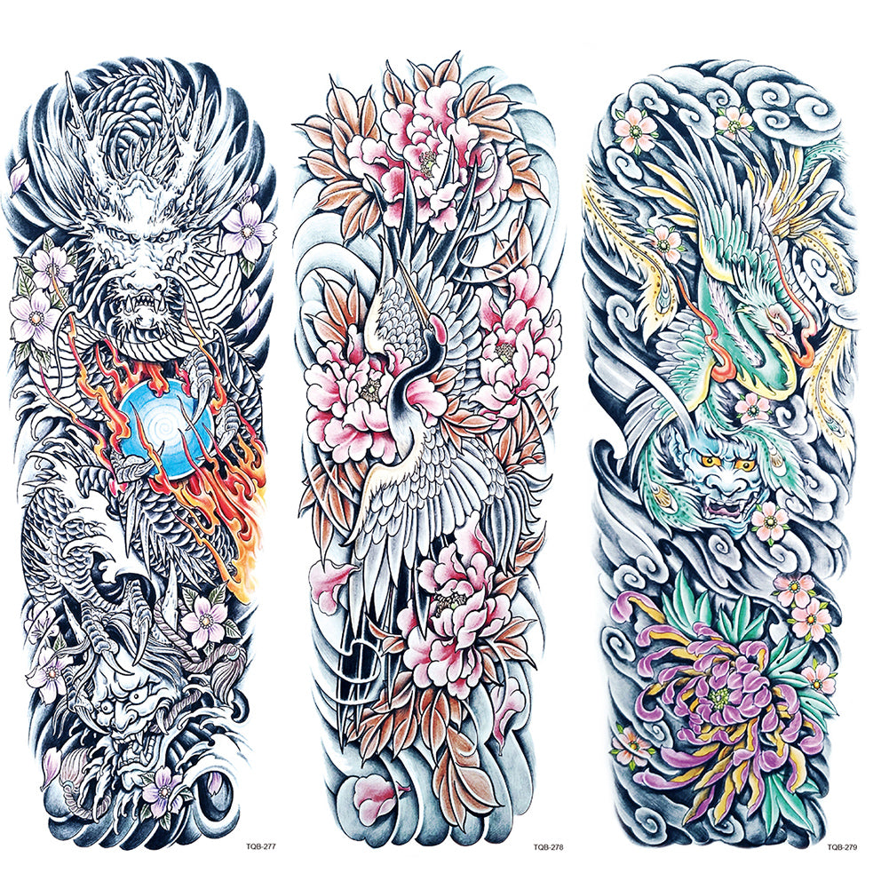 2 Sheets Flower Dragon Wave Japanese Style Full Arm Sleeves