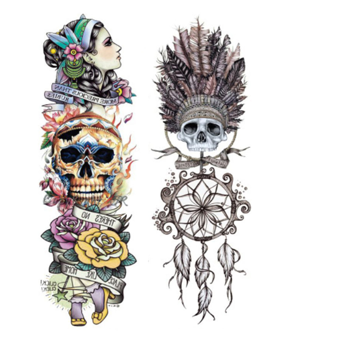 2 Sheets Skull Dreamcatcher Hourglass Full Arm Sleeves