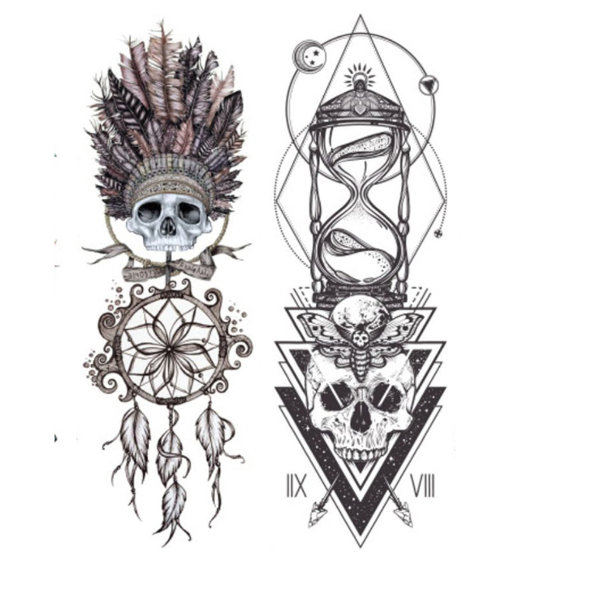 2 Sheets Skull Dreamcatcher Hourglass Full Arm Sleeves