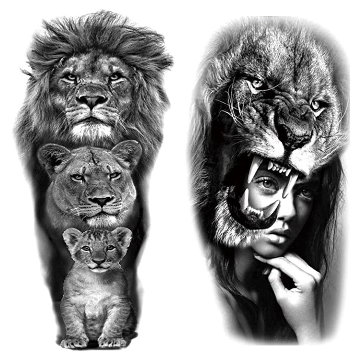 2 Sheets Waterproof Arm Leg Fake Temporary Tattoo - Lion Family Roar Crown Eye Flower Lady