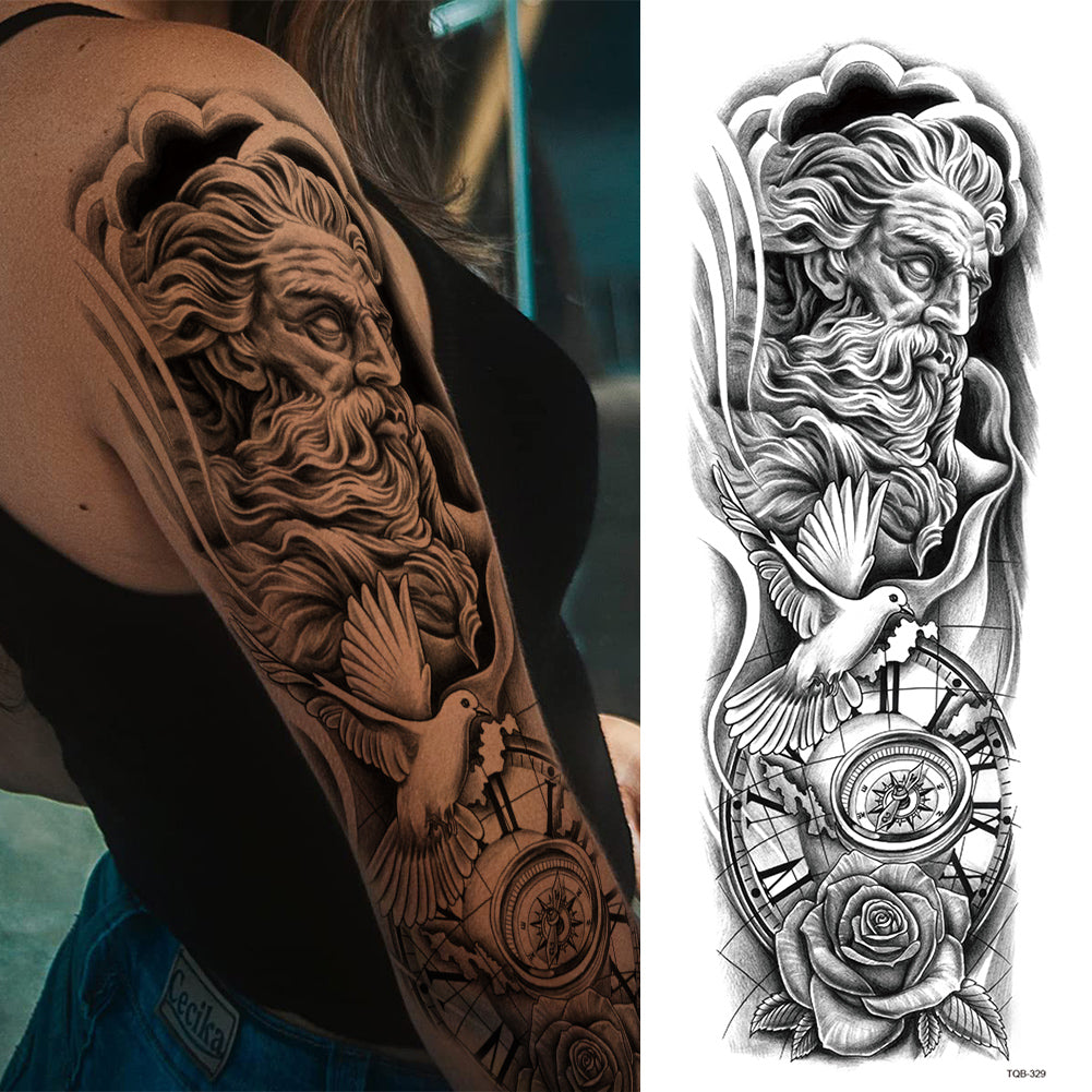 3 Sheets Indian Skull Clock Full Arm Sleeves