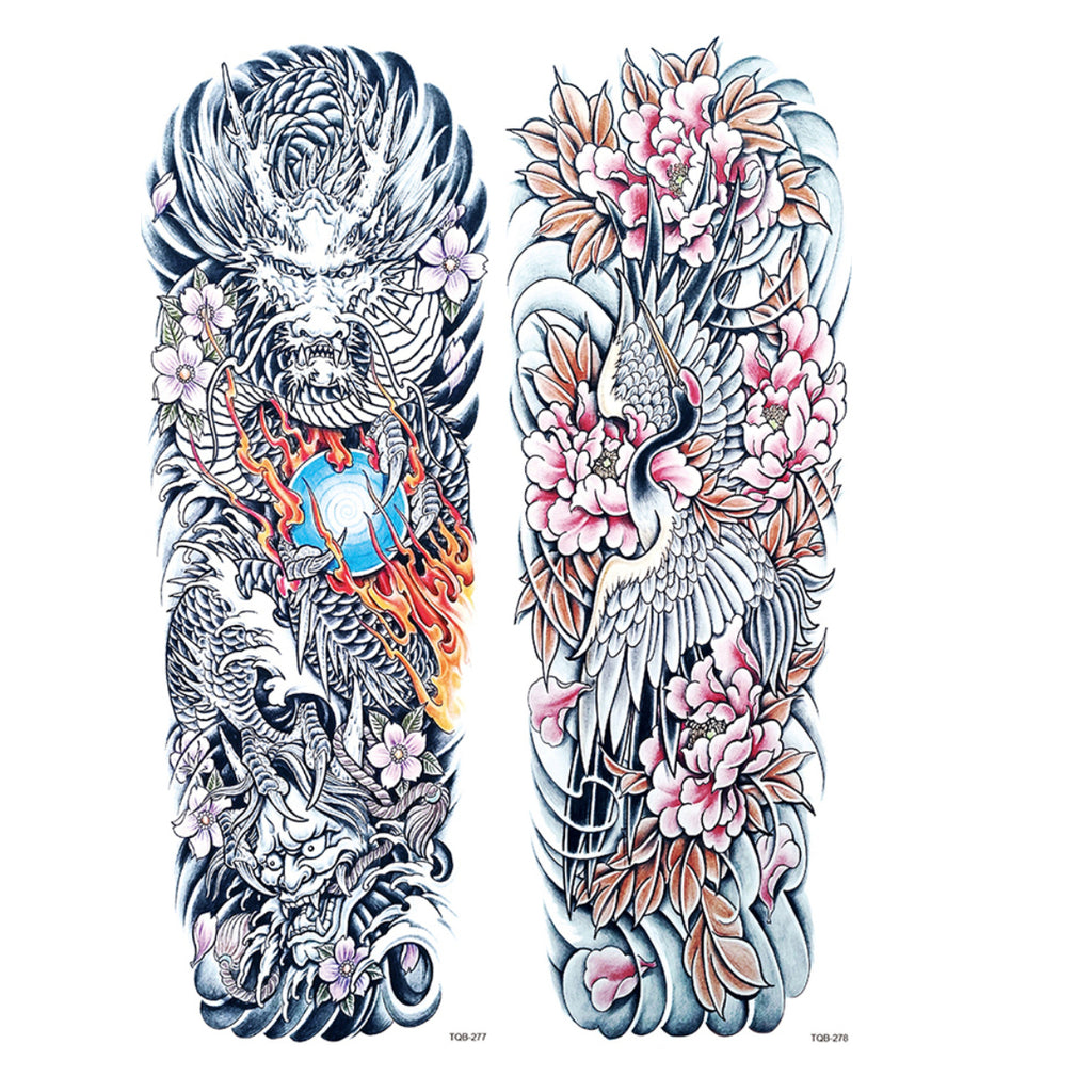 2 Sheets Flower Dragon Wave Japanese Style Full Arm Sleeves