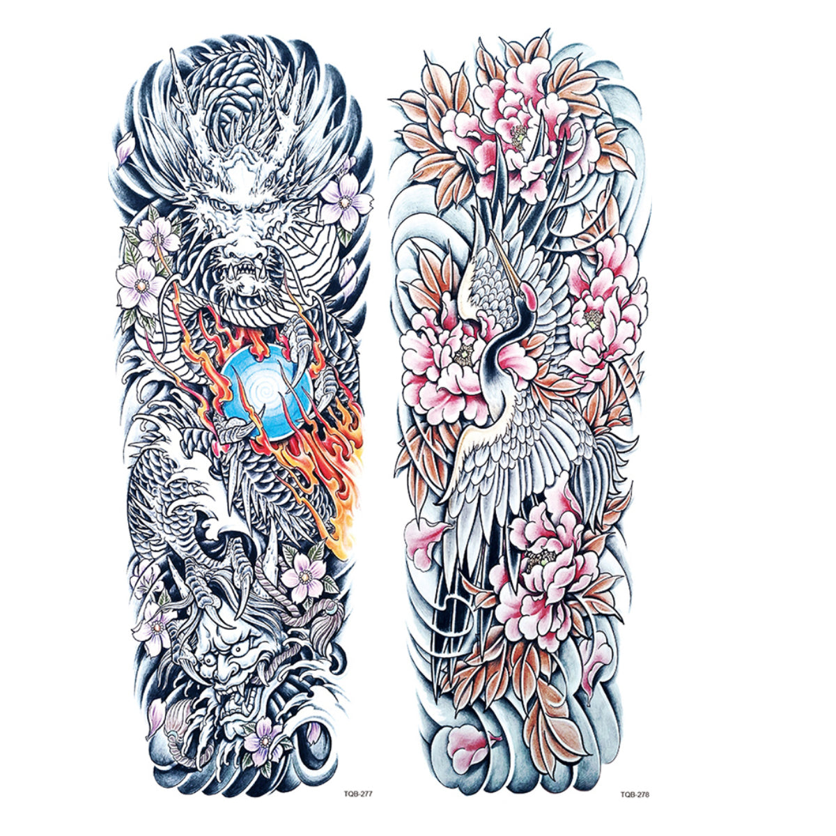 2 Sheets Flower Dragon Wave Japanese Style Full Arm Sleeves