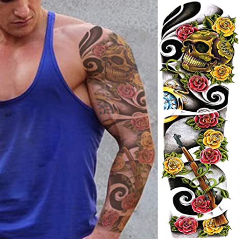2 Sheets Extra Large Full Arm Temporary Tattoos - Colorful Skull Ghost Pumkin Carp Koi Flower Tree Gun For Men