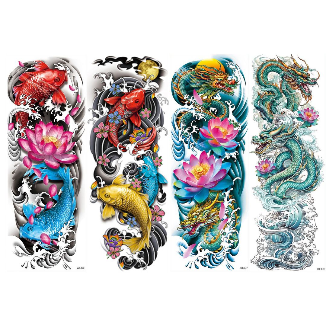 2 Sheets Chinese Style Fish Dragon Full Arm Temporary Tattoo Sleeves