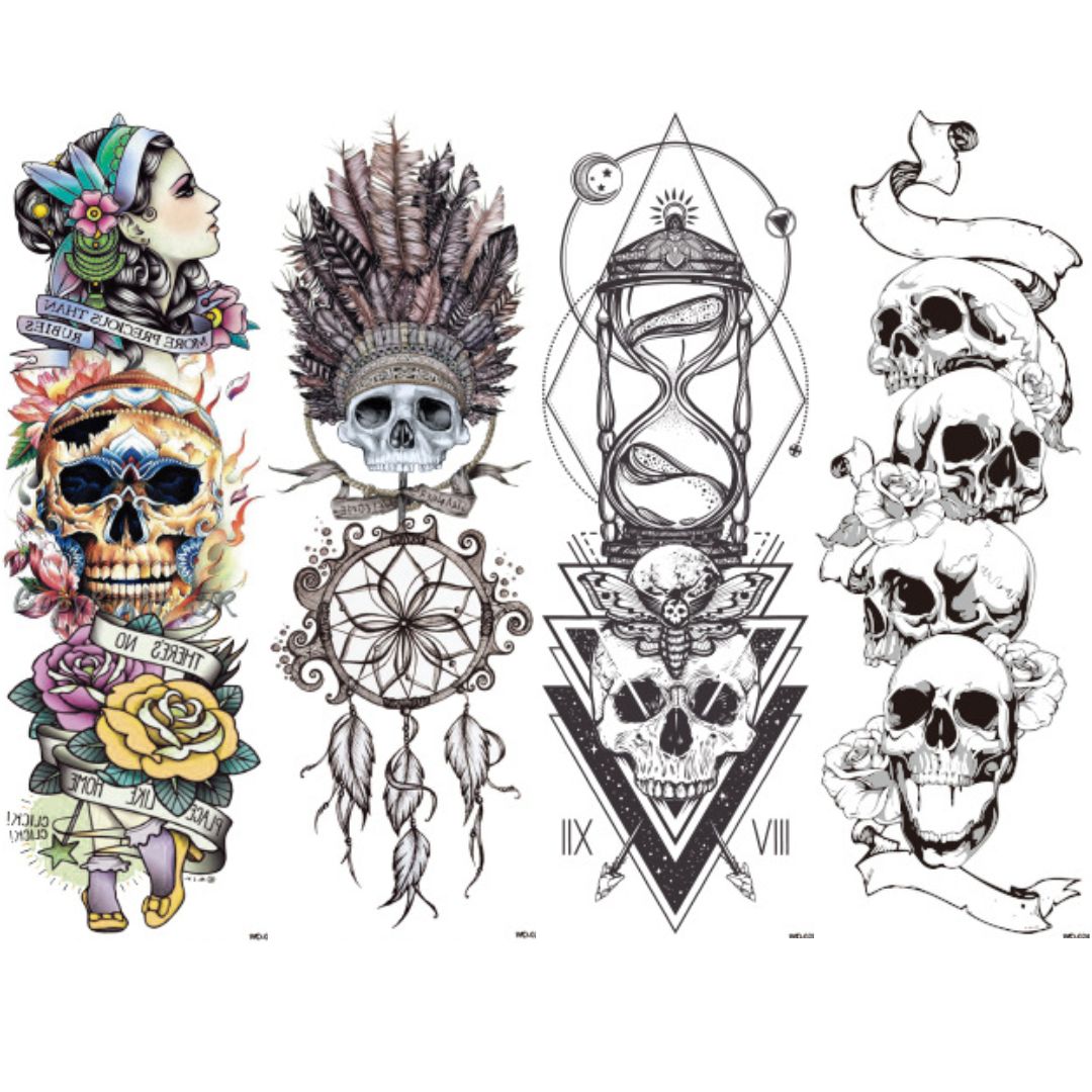 2 Sheets Skull Dreamcatcher Hourglass Full Arm Sleeves