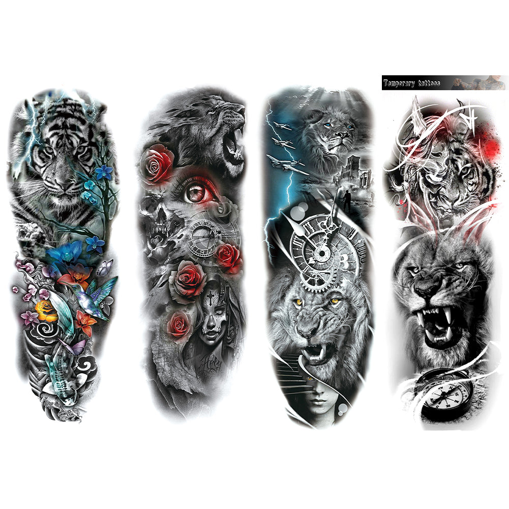 2 Sheets Lion Compass Tiger Full Arm Sleeves