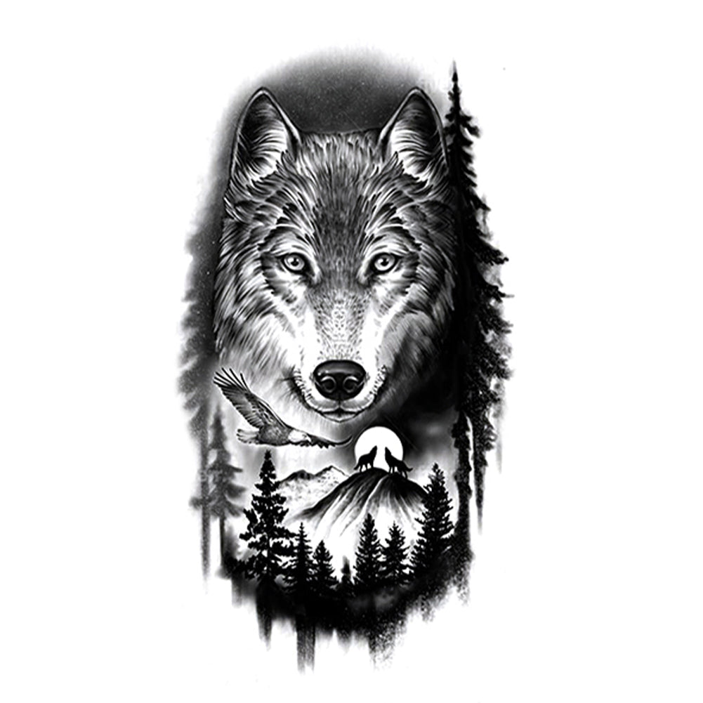 2 Sheets Black Wolf Flower Temporary Tattoo Sticker