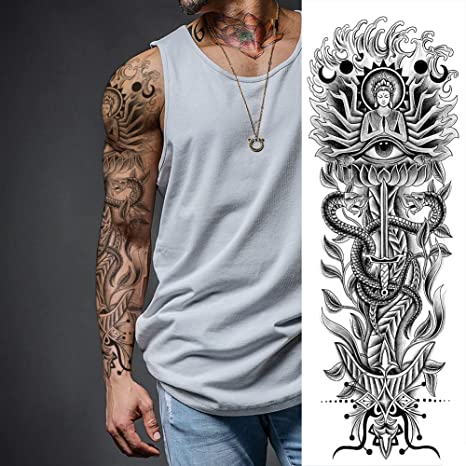2 Sheets Large Full Arm Temporary Tattoo - Sword Snake Dragon Buddha Cross Star Scorpion Eye Guanyin
