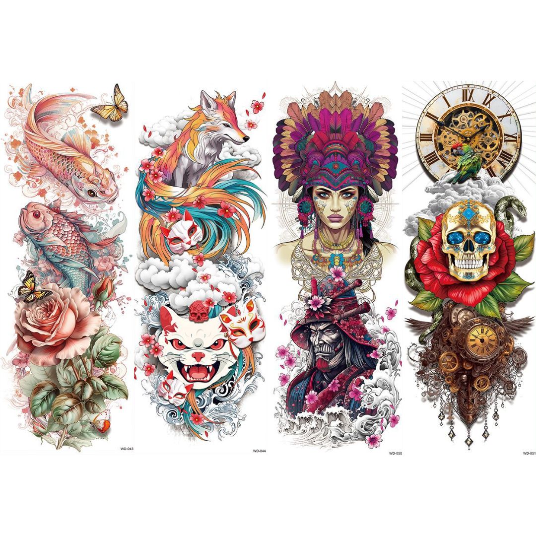 2 Sheets Watercolor Fish Fox Samurai Skull Full Arm Sleeves
