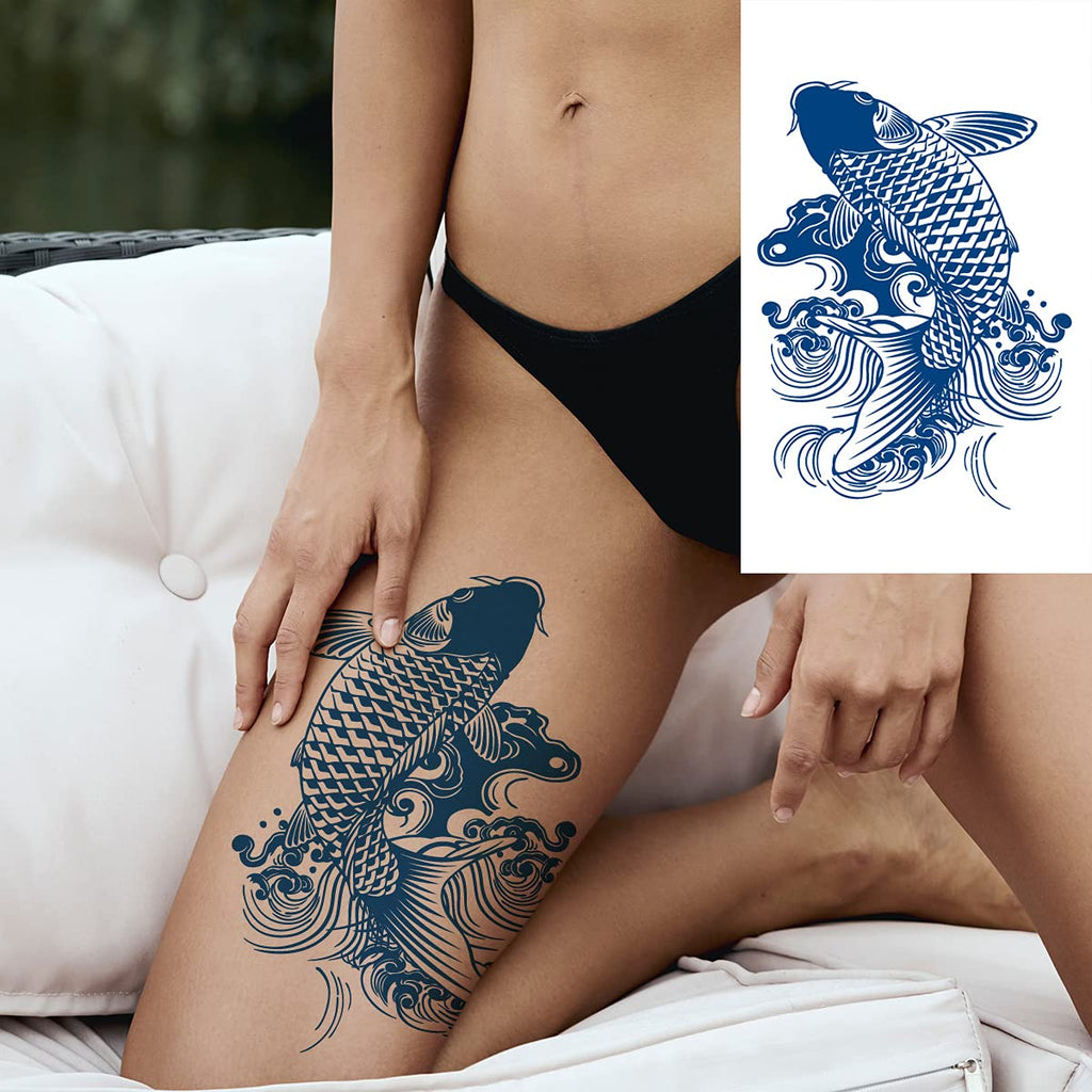 2 Sheets Semi Permanent Fake Waterproof Temporary Tattoos Stickers Long Lasts 1-2 Weeks, Animal Set Peacock Lion Koi Carp Tiger Owl Dragon Deep Blue