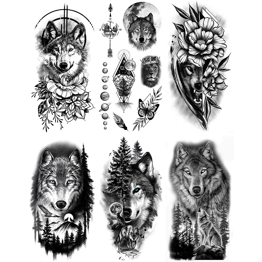 2 Sheets Black Wolf Flower Temporary Tattoo Sticker