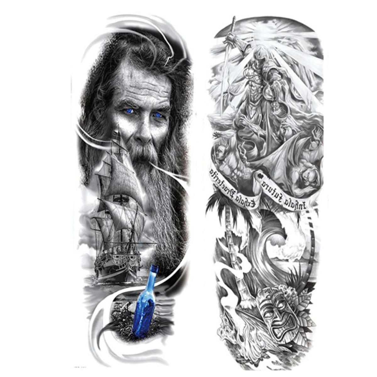 2 Sheets Viking Ship Totem Full Arm Sleeves Temporary Tattoos