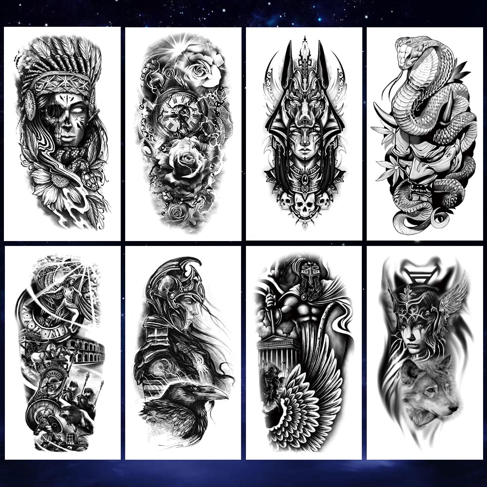 4 Sheets Waterproof Arm Leg Fake Temporary Tattoo - Indian Skull Snake Egypt Anubis Flower Compass Prajna Greek Myth Soldier