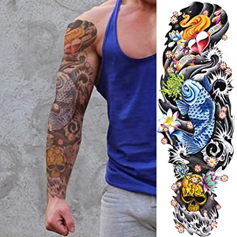 2 Sheets Extra Large Full Arm Temporary Tattoos - Colorful Skull Ghost Pumkin Carp Koi Flower Tree Gun For Men