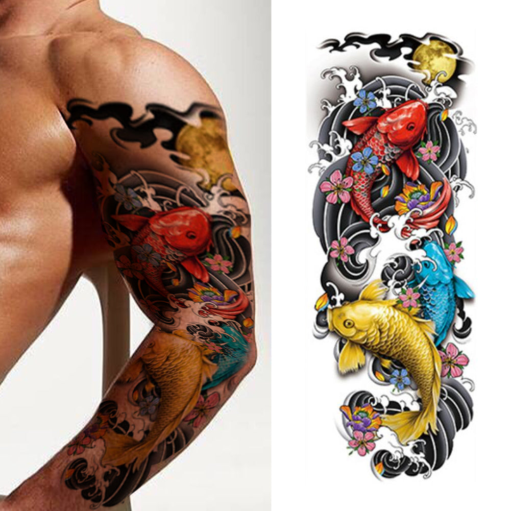4 Sheets Chinese Style Fish Dragon Full Arm Temporary Tattoo Sleeves