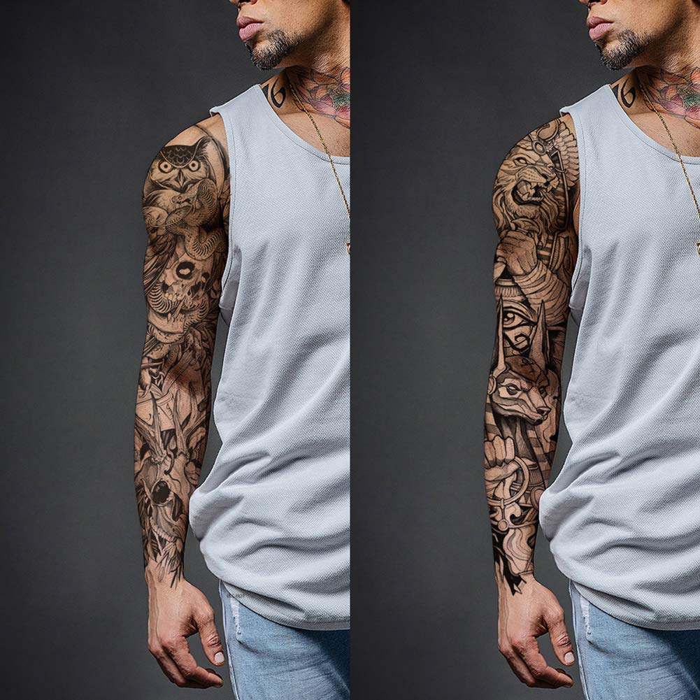 2 Sheets Full Arm Leg Extra Large Temporary Tattoos, Owl Snake Skull God Medusa Poseidon Anubis Horus Lion Eagle Egypt