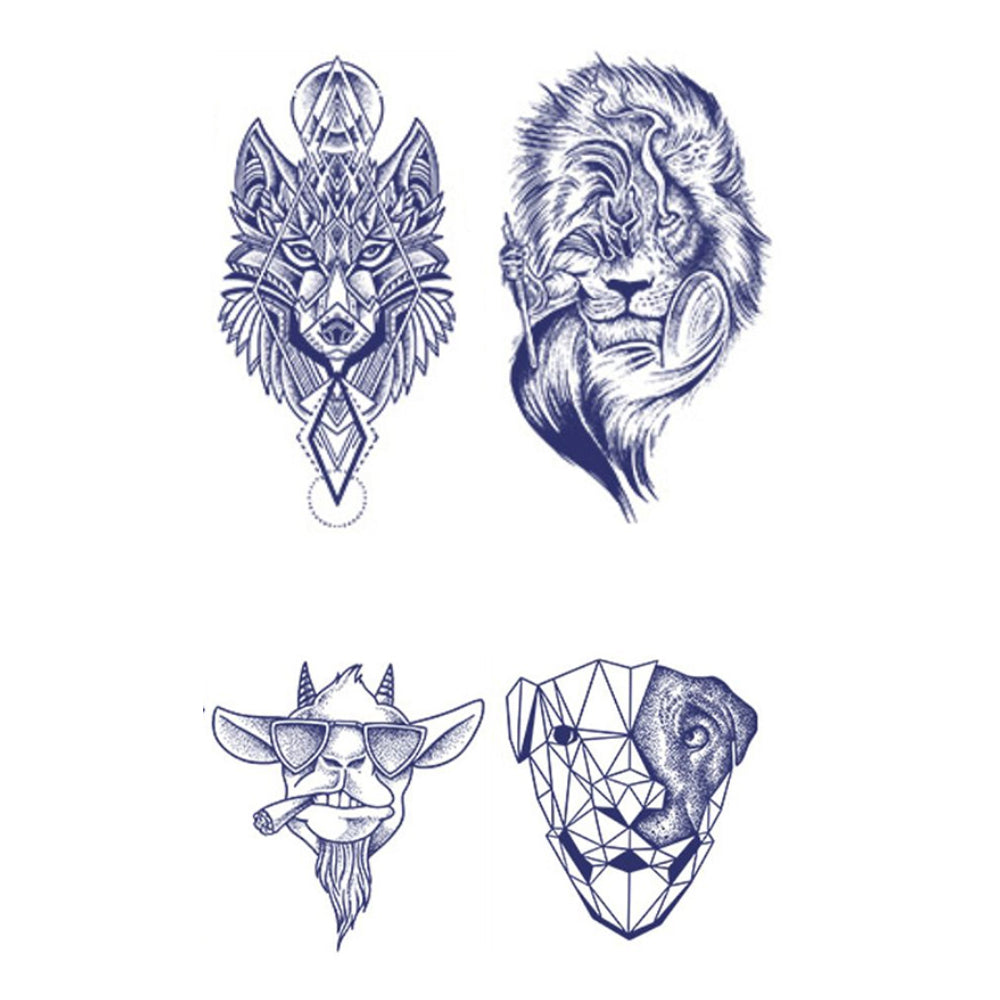 4 Sheets Wolf Ox Tiger Goat Dog Cat Lion Semi-Permanent Tattoo Stickers