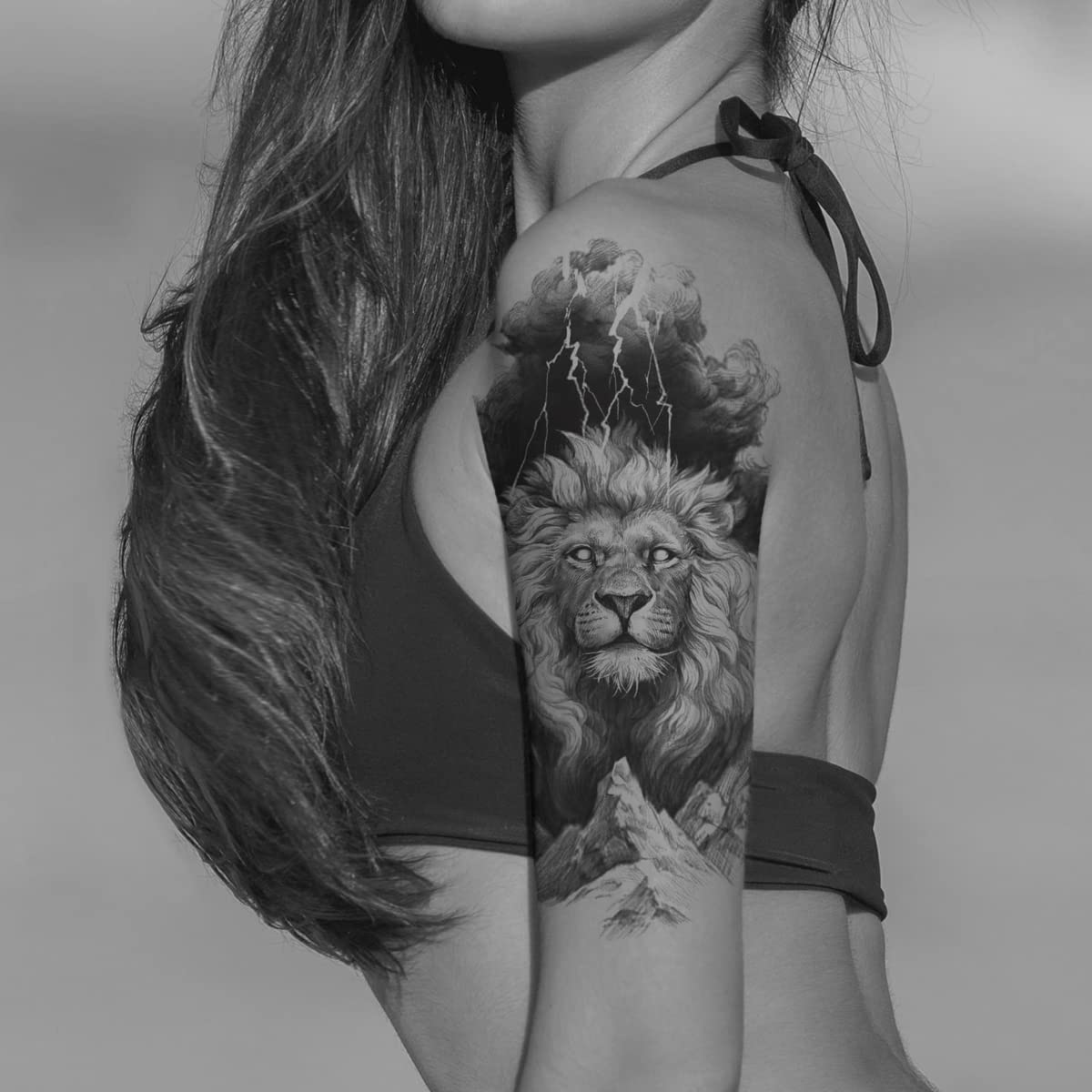 2 Sheets Waterproof Arm Leg Fake Temporary Tattoo - Lion Family Roar Crown Eye Flower Lady