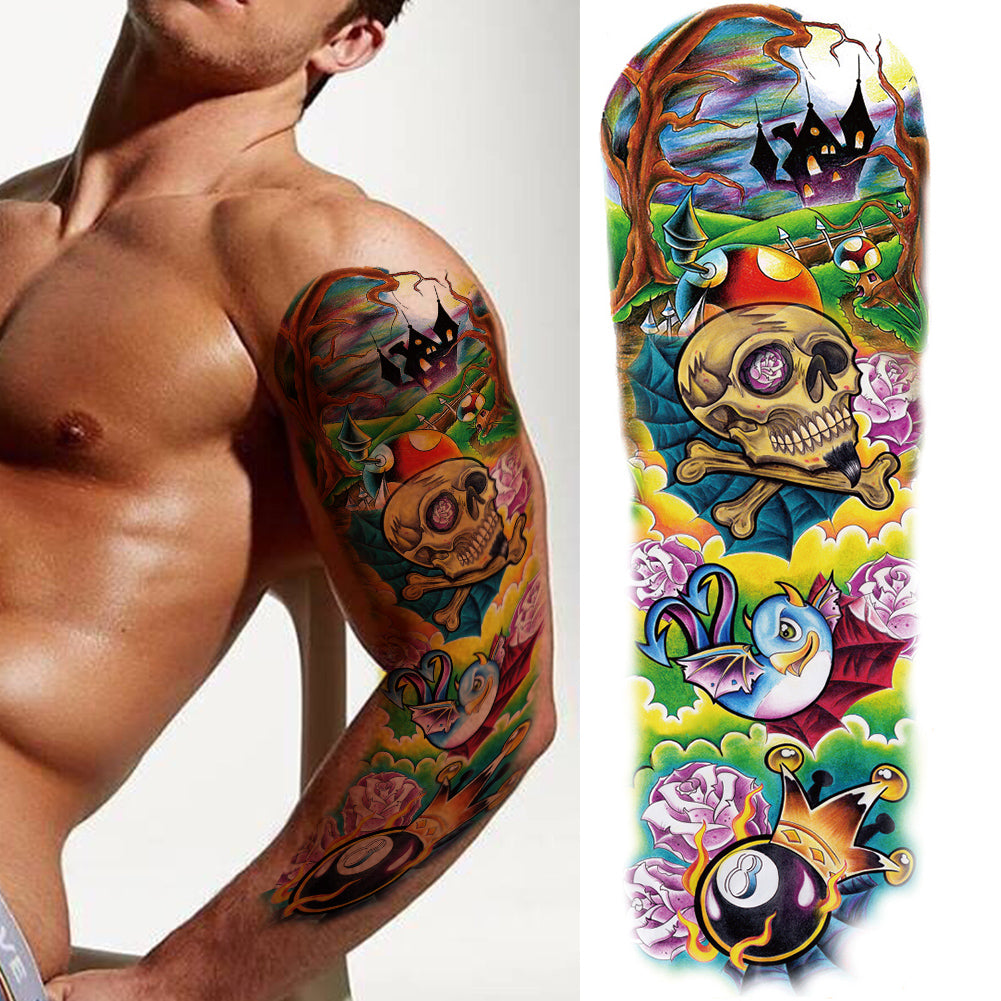 4 Sheets Skull Rose Flower Gun Full Arm Sleeves