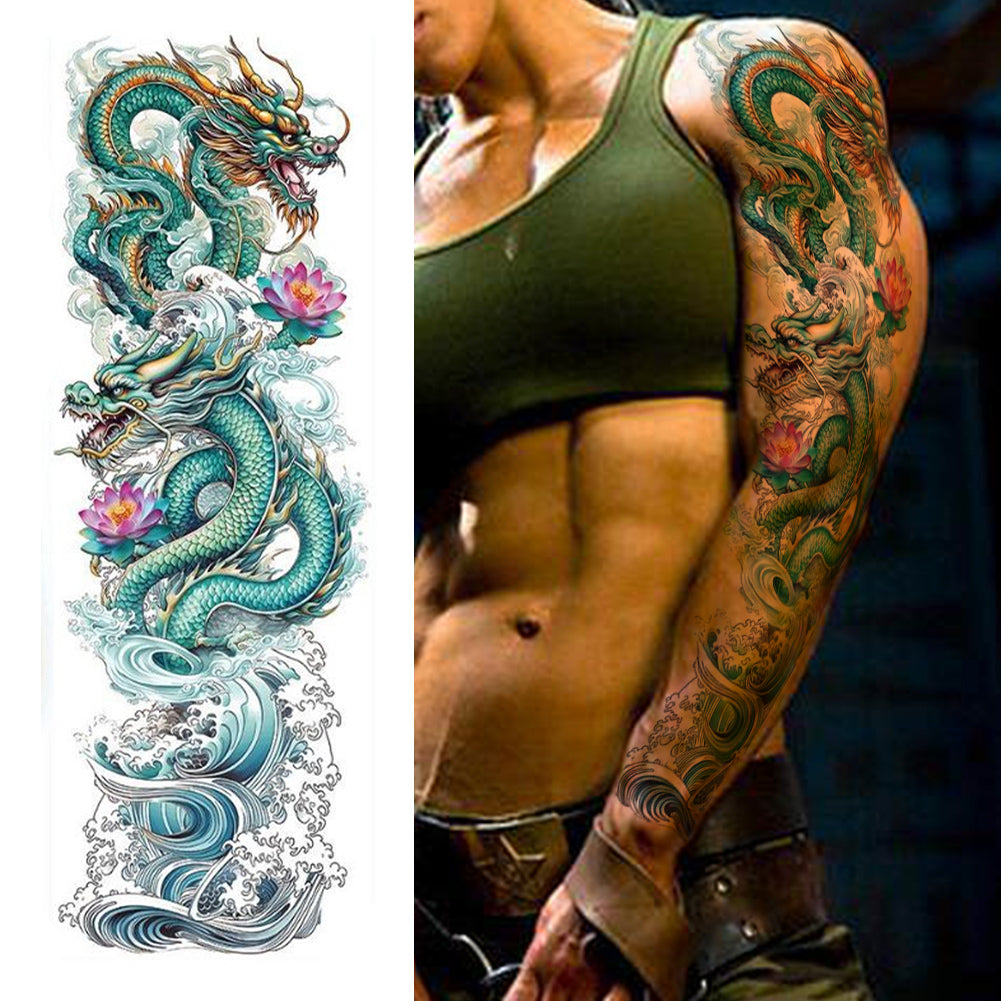 4 Sheets Chinese Style Fish Dragon Full Arm Temporary Tattoo Sleeves