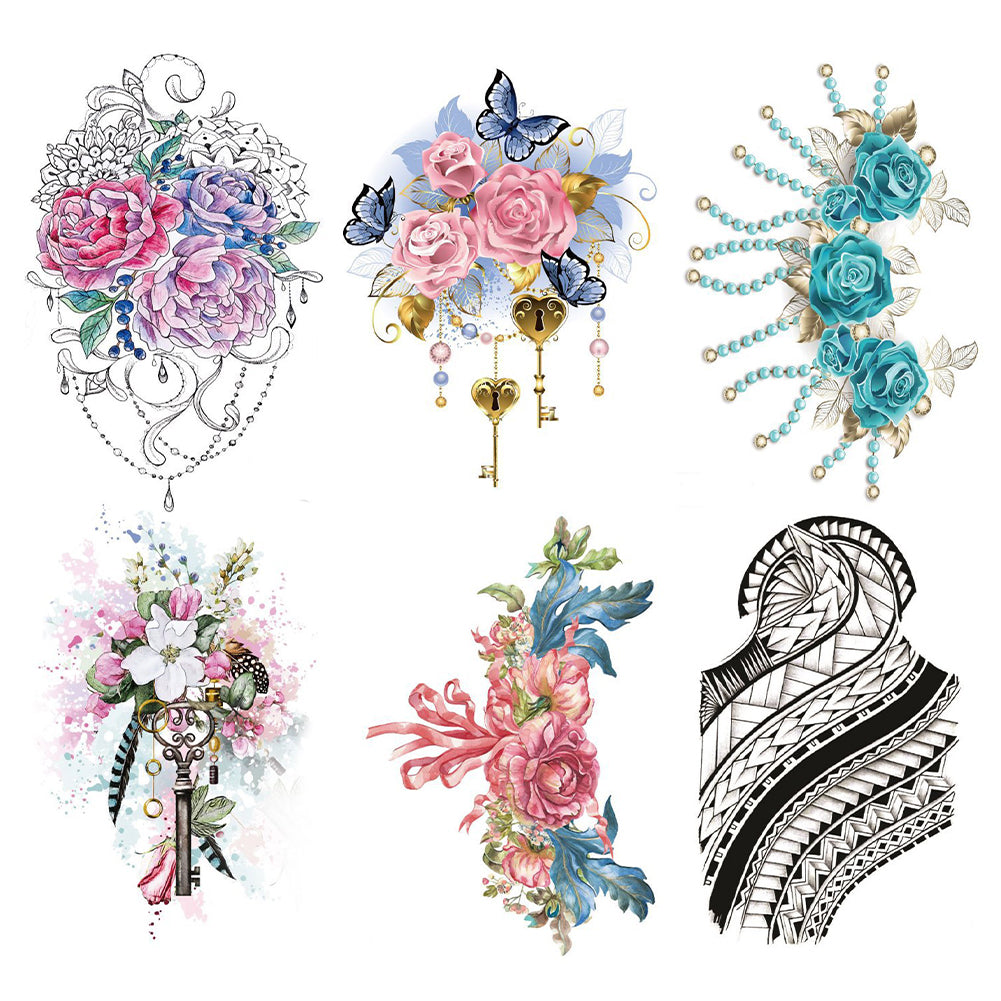 6 Sheet Dimond Jewelry Flower Extra Color Large Temporary Tattoos