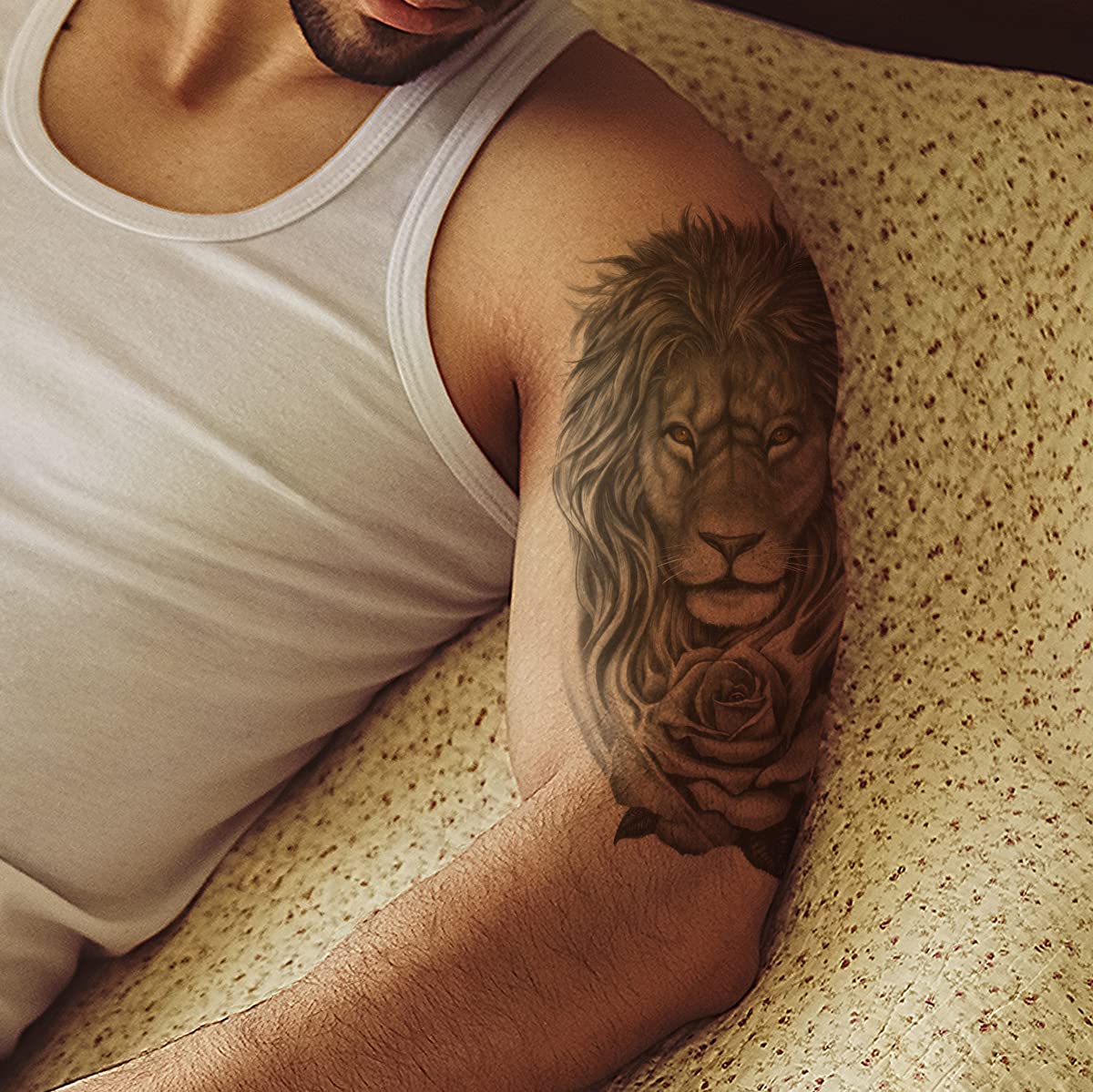 2 Sheets Waterproof Arm Leg Fake Temporary Tattoo - Lion Family Roar Crown Eye Flower Lady
